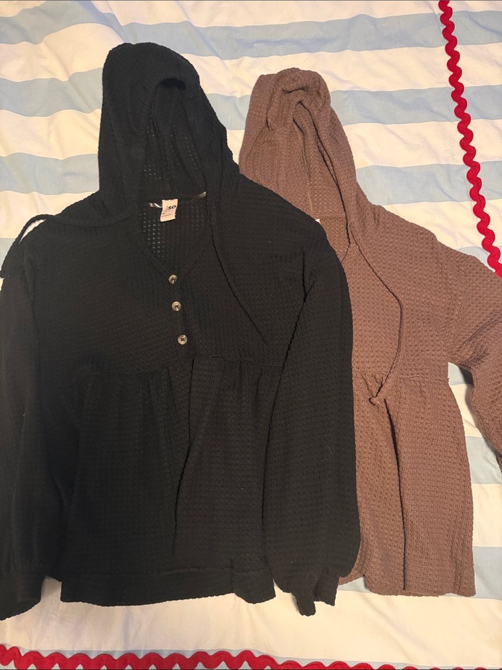 SO Women's Waffle-Knit Henley Hoodie in Black and Brown. Set of 2
